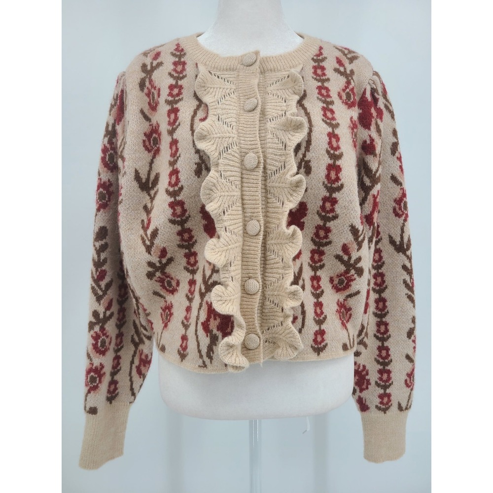 Retro Ruffle Cottagecore Cardigan Sweater S Folk Floral Romantic Button Up